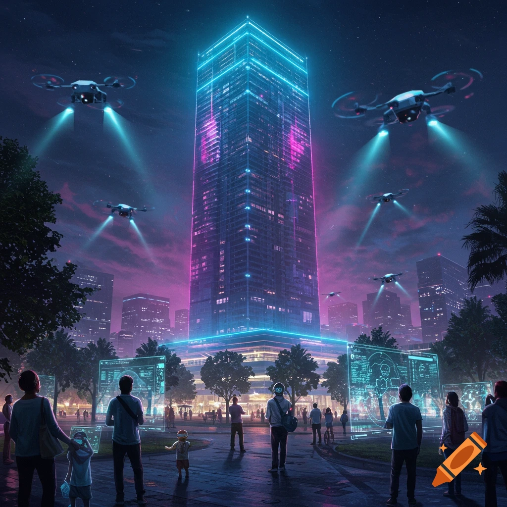 A futuristic city at night with a tall building glowing neon blue and pink. Drones fly overhead, casting light beams. People observe data screens in a park foreground.