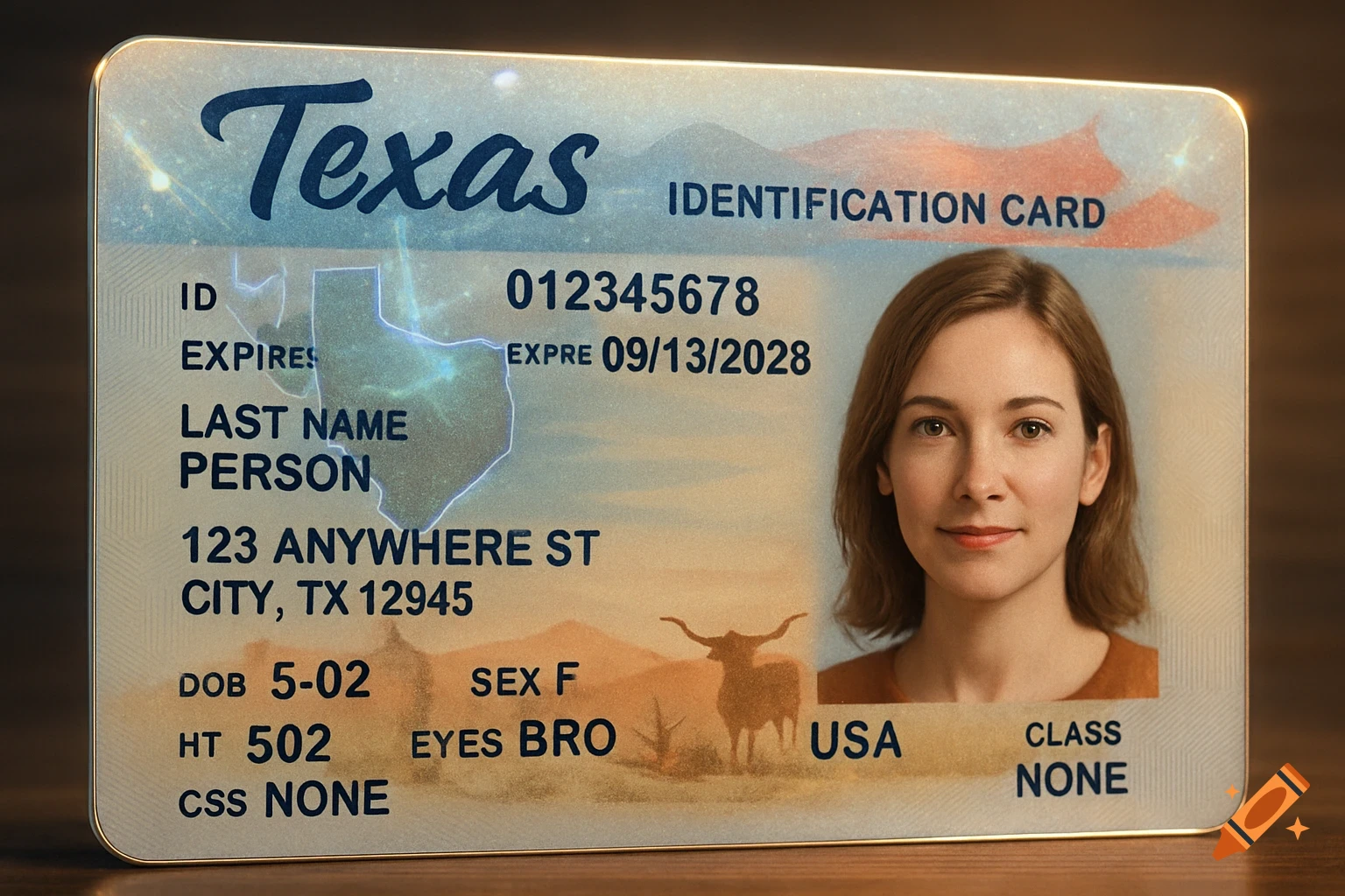 Photorealistic close-up of a Texas identification card with a woman's photo.