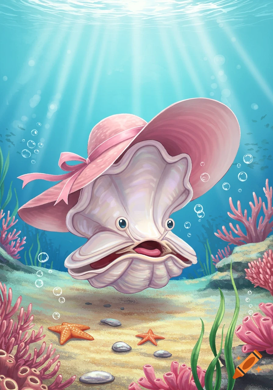 A cartoon clam with large eyes and a mouth wearing a pink hat, surrounded by coral and starfish on the ocean floor.