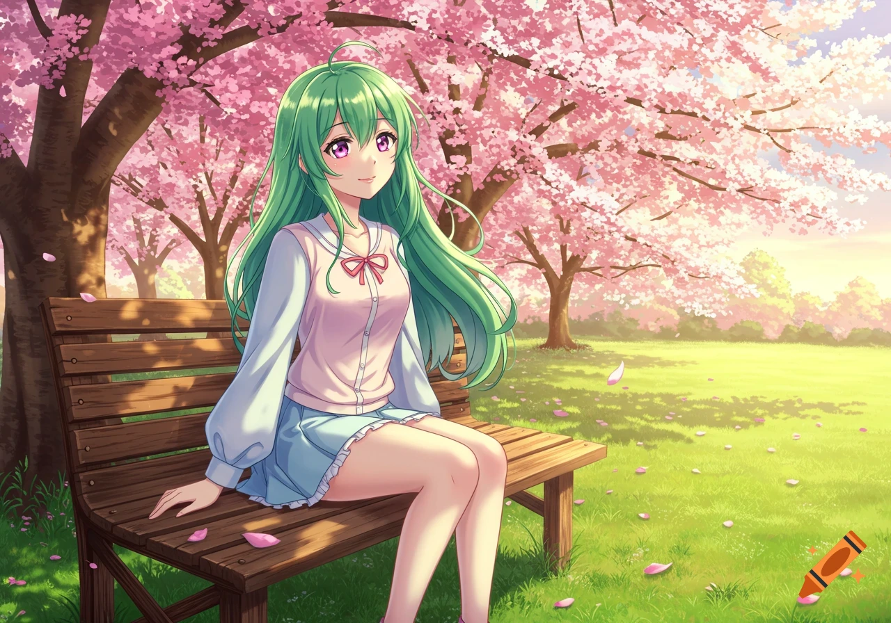An anime girl with green hair and pink eyes sits on a wooden bench under blooming cherry blossom trees.