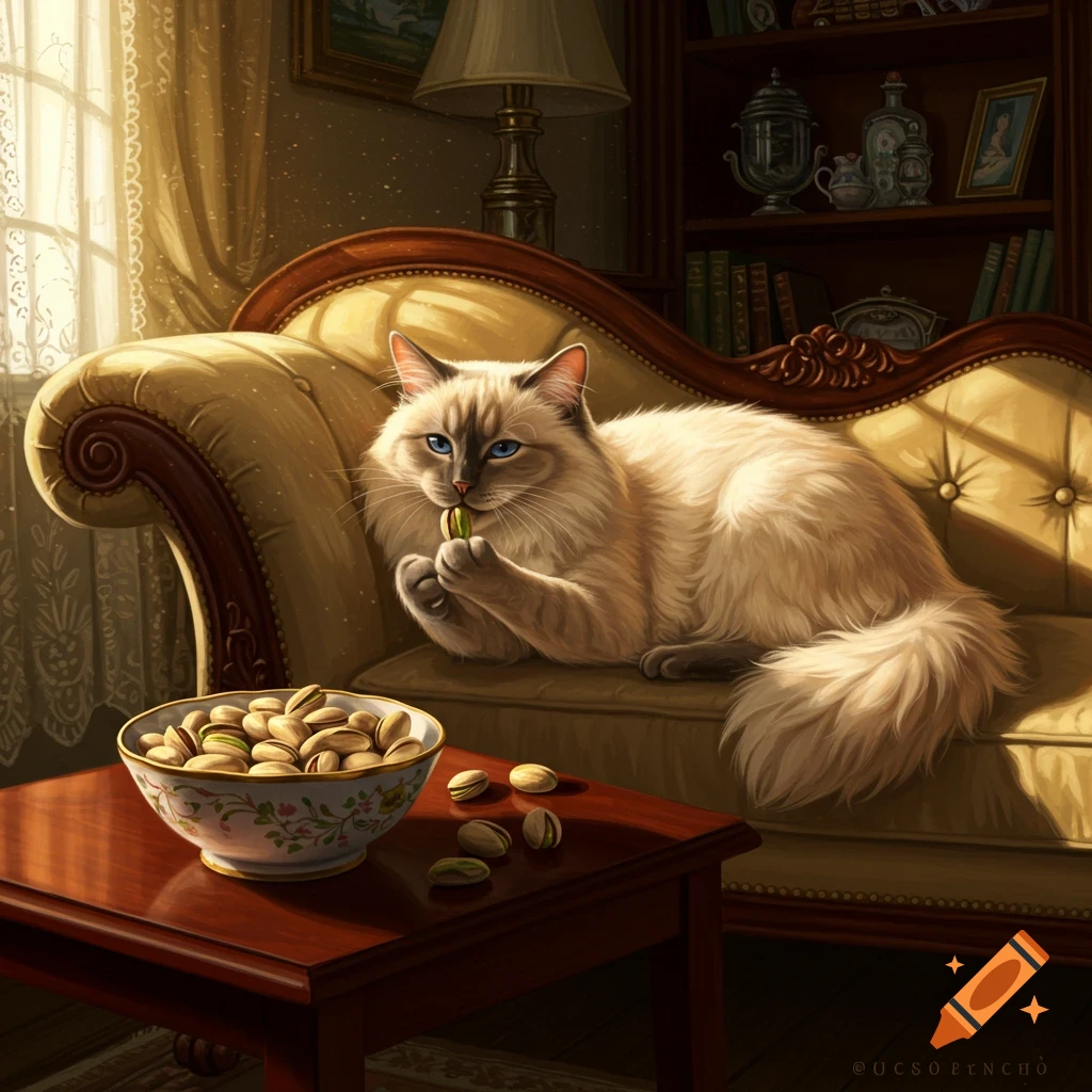 A fluffy cat with blue eyes lies on a golden sofa, holding a pistachio, next to a bowl of pistachios on a wooden table.
