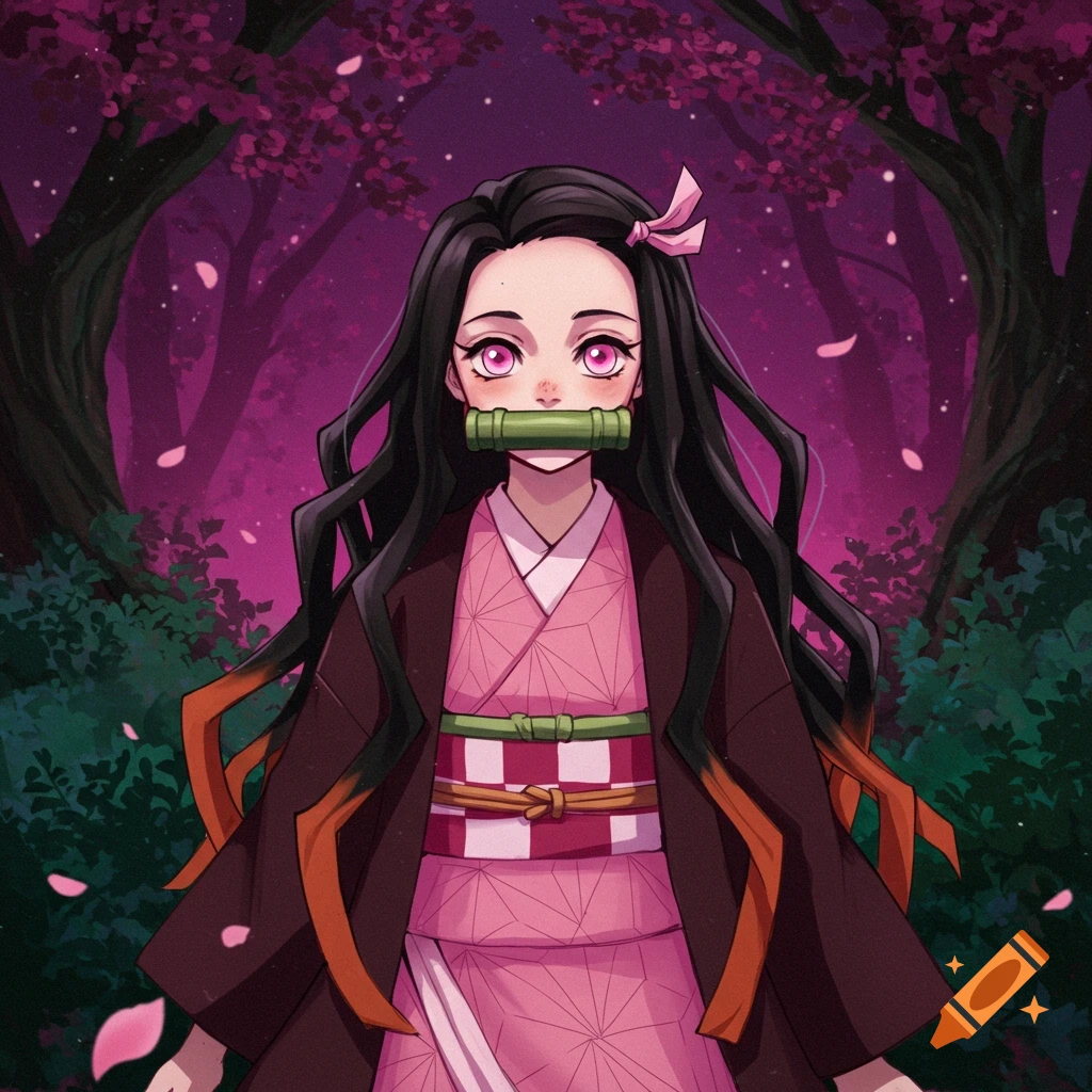Anime illustration of Nezuko, a girl with long black hair, bamboo in her mouth, pink kimono, in a dark pink forest.