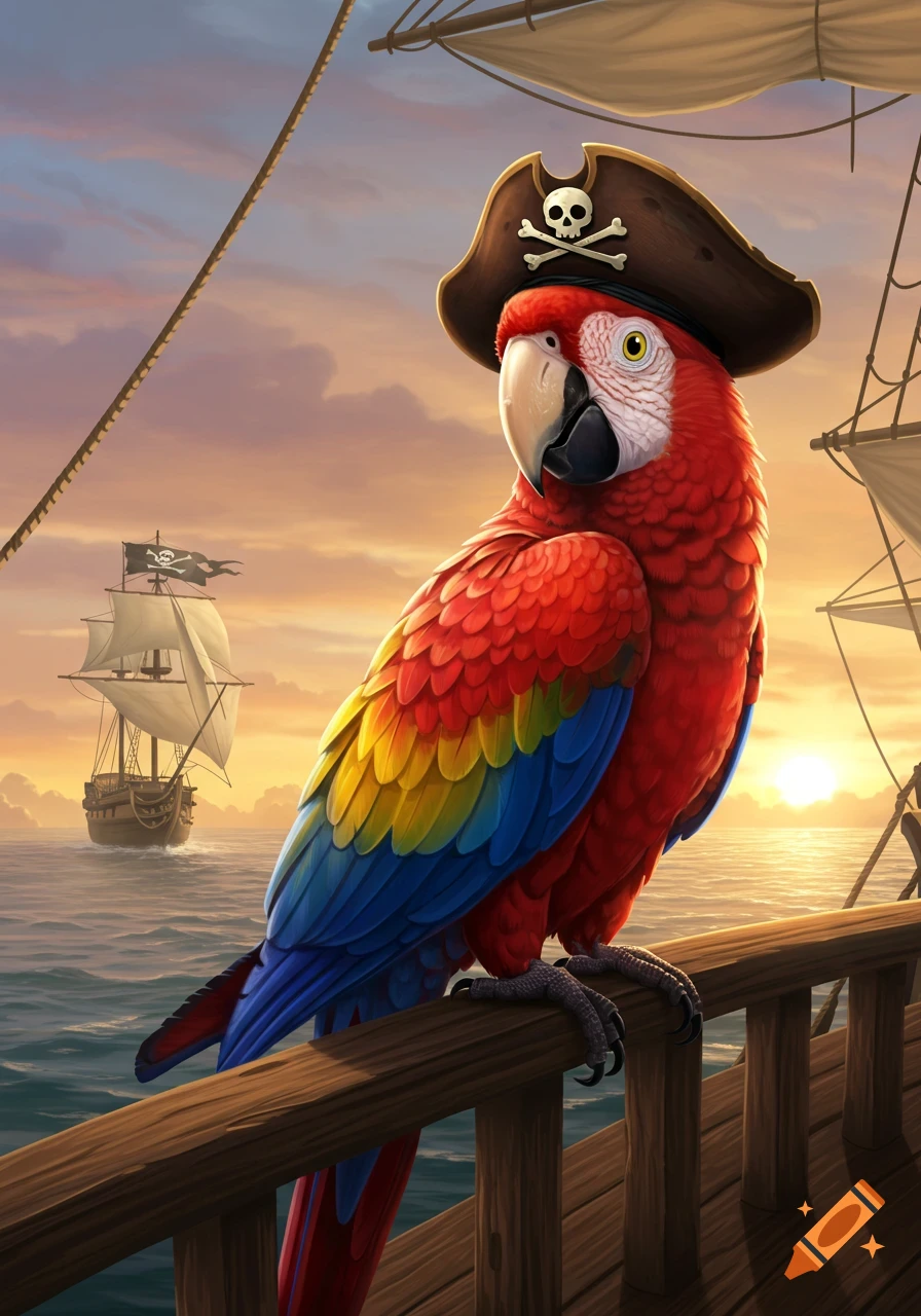 A vibrant digital illustration of a macaw wearing a pirate hat on a ship railing during sunset.