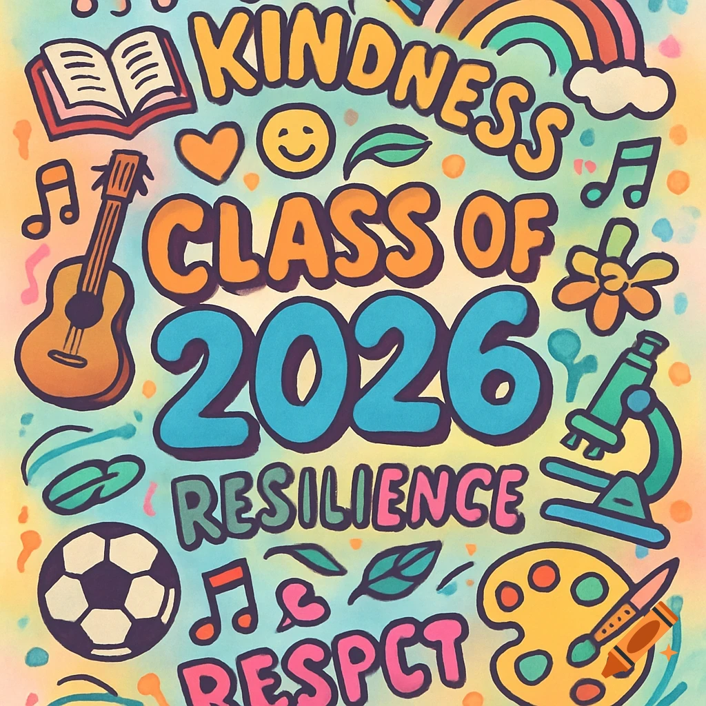 A vibrant doodle art design with the words KINDNESS, CLASS OF 2026, RESILIENCE, and RESPET, surrounded by a book, guitar, soccer ball, microscope, paint palette, rainbow, and musical notes.