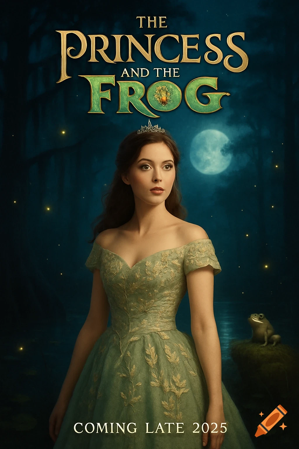 Photorealistic movie poster for The Princess and the Frog featuring a princess in a green dress and a frog in a swamp at night, under a full moon.