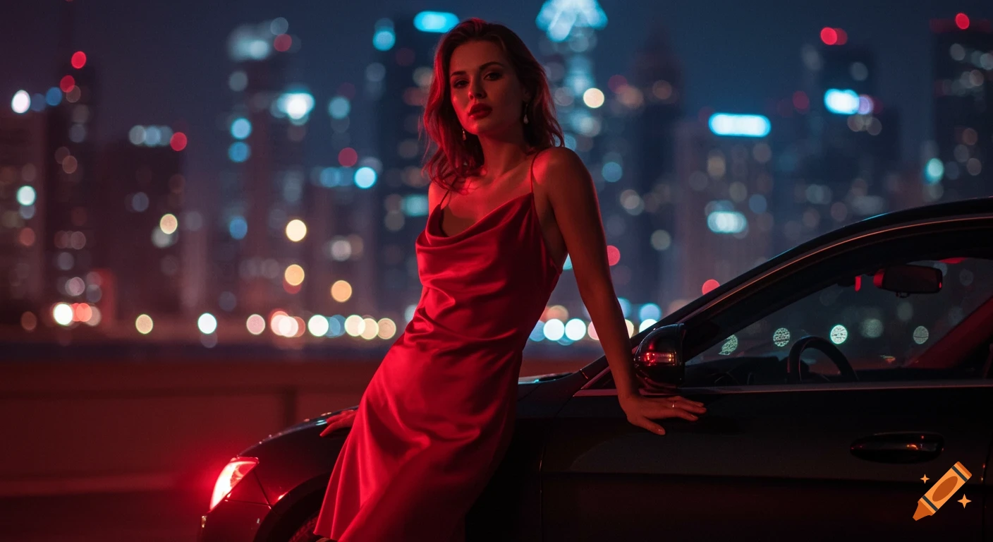 A woman in a red silk dress leans against a luxury car at night with a blurry city skyline in the background.