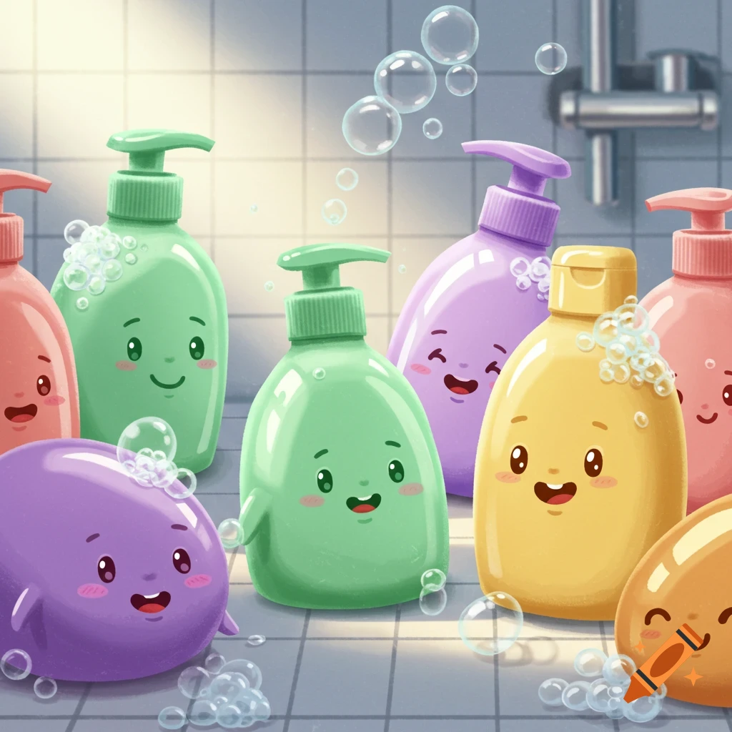 Colorful cartoon cleanser bottles with smiling faces and soap bubbles in a bright bathroom.