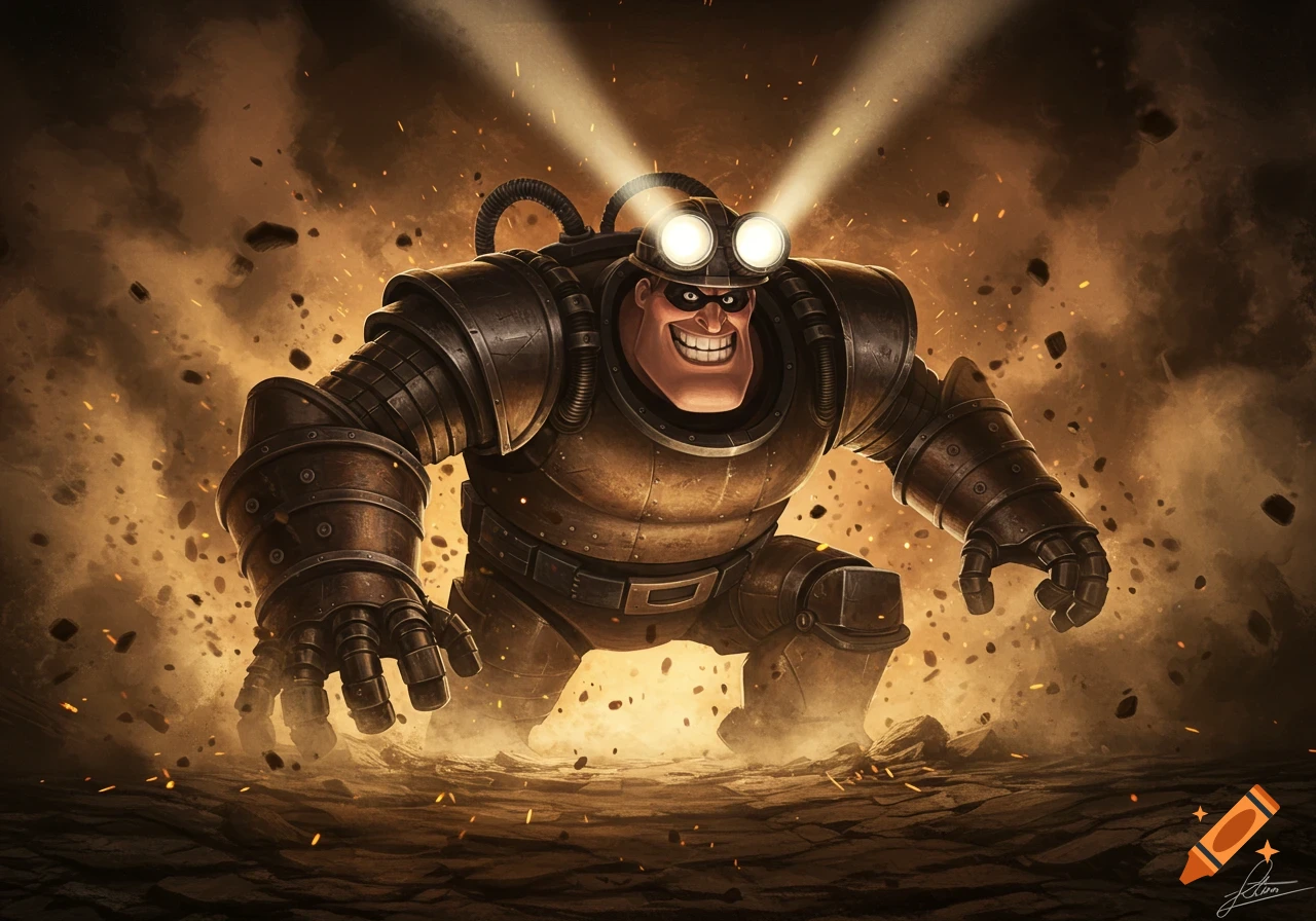 A powerful, grinning cartoon character in an armored mining suit with bright headlamps, crouching amidst flying debris and dust in a stylized illustration.
