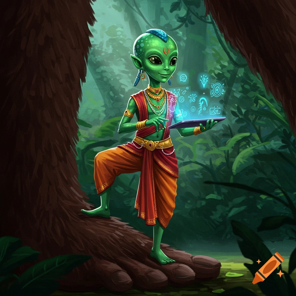 A green alien in traditional Indian attire stands on a tree root in a jungle, interacting with a glowing tablet.