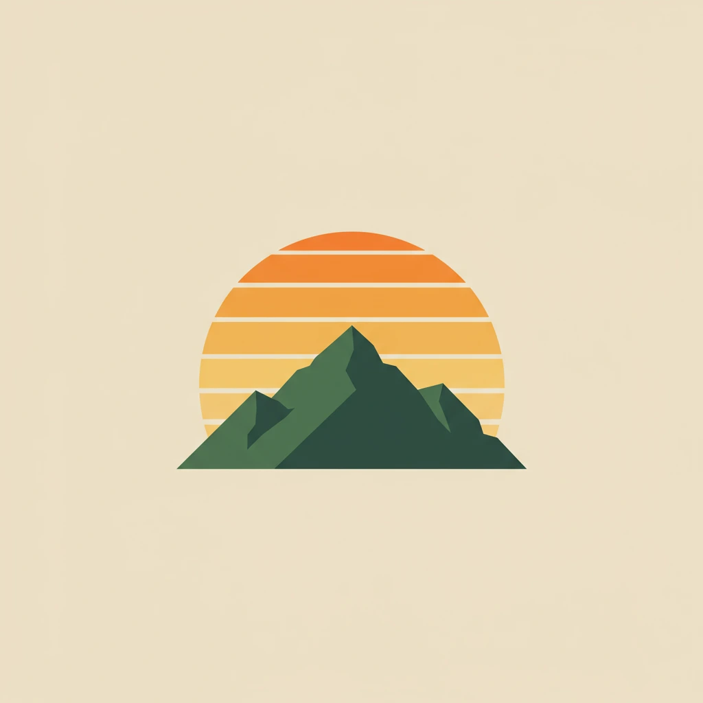 minimalist vector mountain logo with sunrise in flat design style