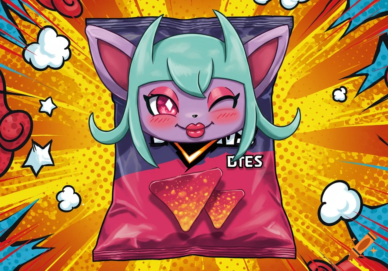 A cartoon purple creature with teal hair winks from a pink and purple chip bag, showing two tortilla chips. The background is a yellow comic book burst with stars and clouds.