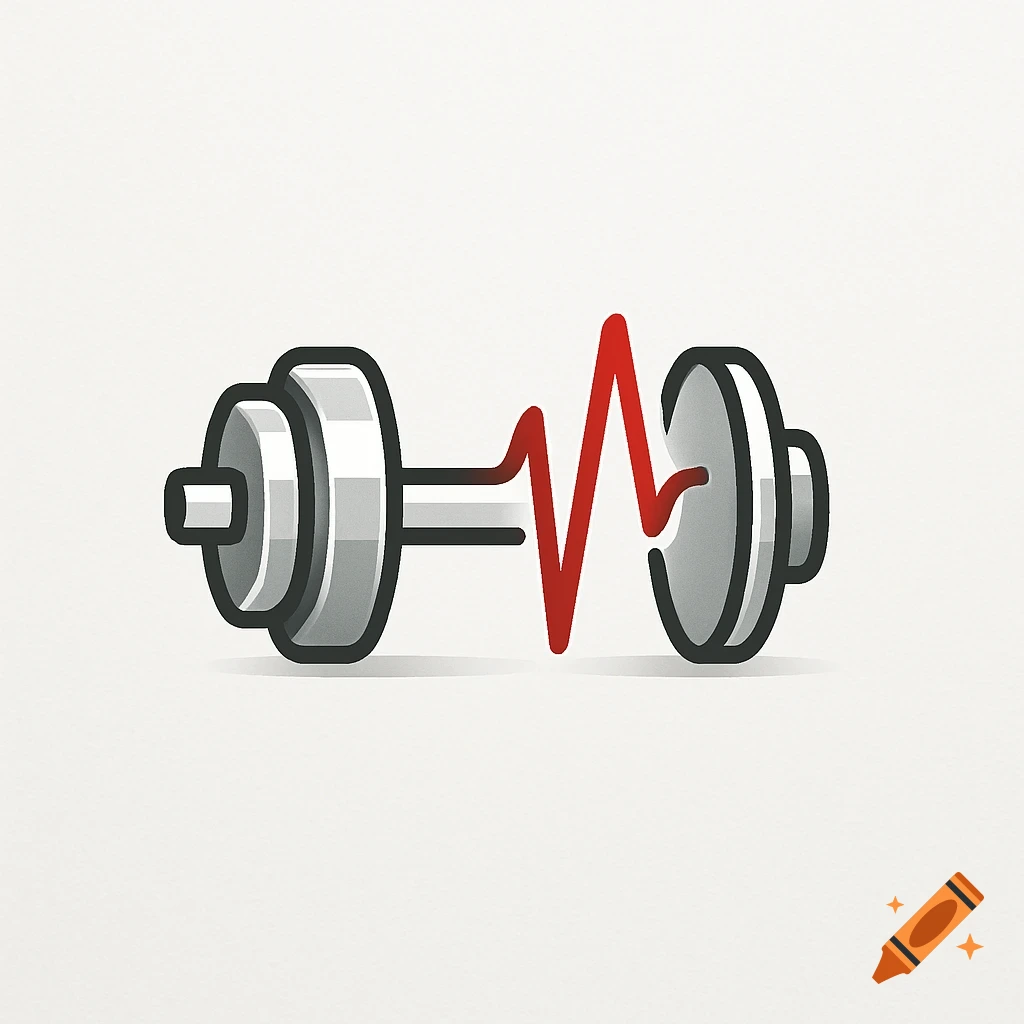 Minimalist logo of a dumbbell with a red heartbeat line on a white background.