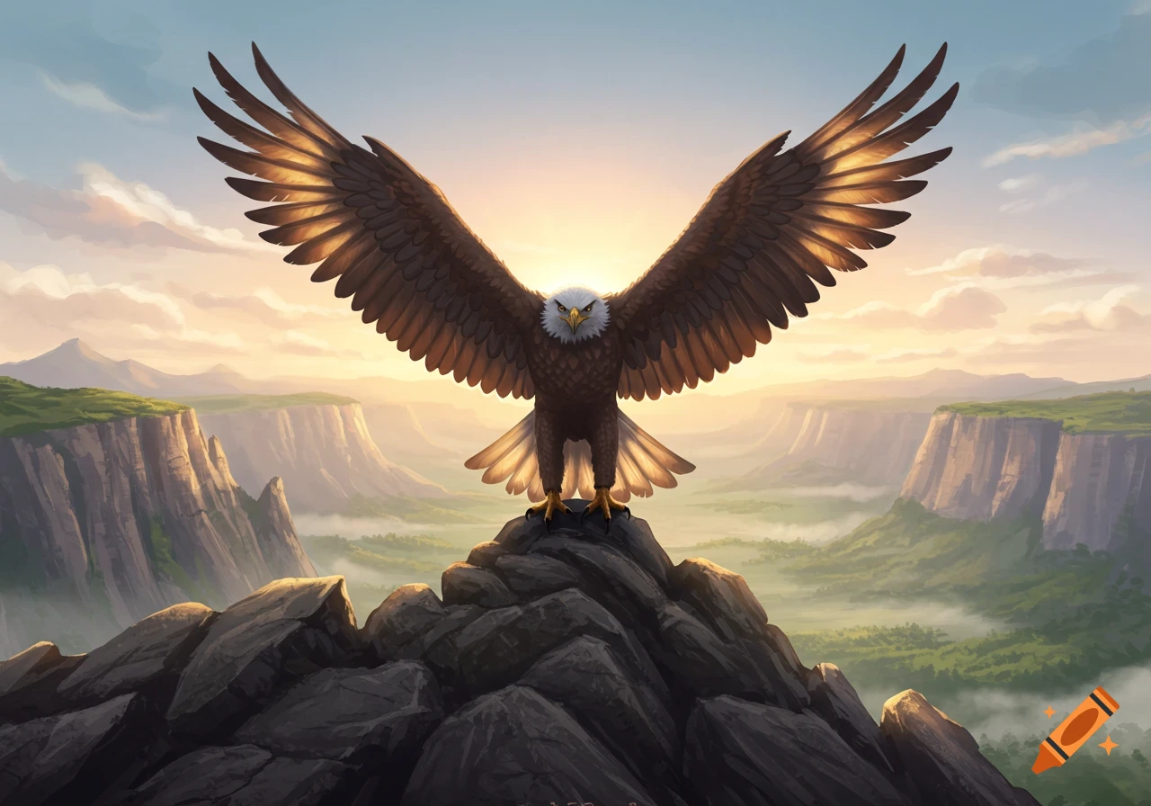 An eagle with wide-spread wings stands atop a mountain peak at sunrise, overlooking a vast valley and distant cliffs.