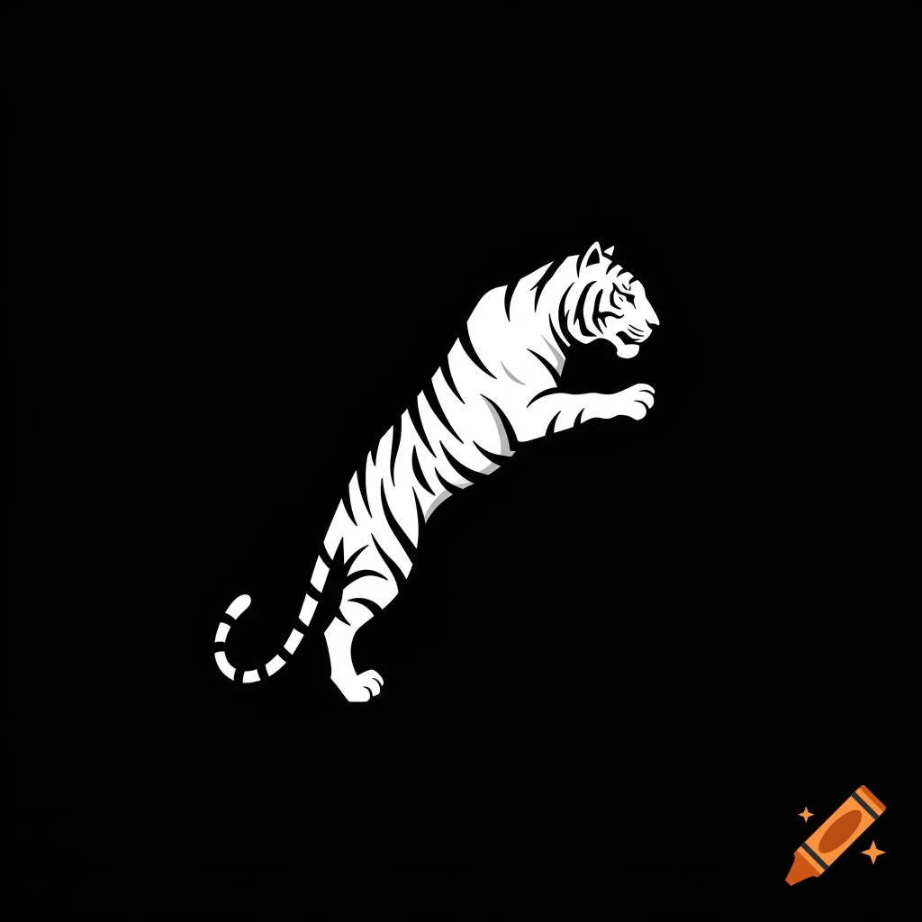 A white minimalistic icon of a tiger leaping or crawling upwards against a solid black background.