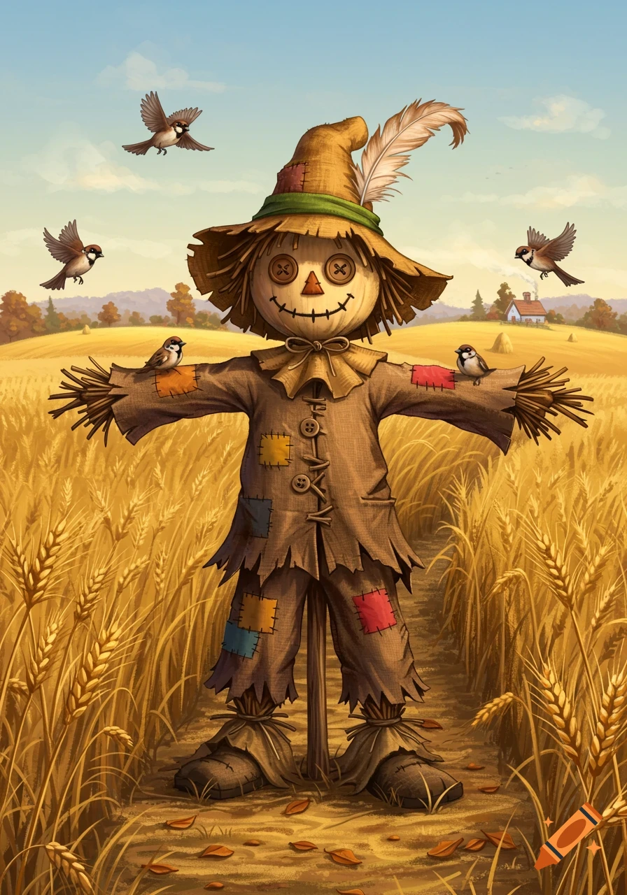 A cute scarecrow in a golden wheat field with birds flying around and perched on its arms, in an illustrative style.