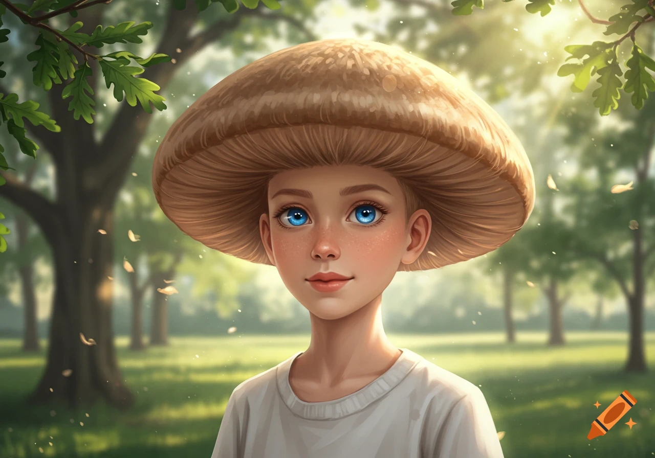 A young person with large blue eyes and freckles wears a mushroom cap hat in a sunny forest.