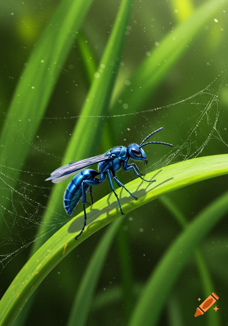 A vibrant blue wasp with clear wings perches on a bright green leaf, with a delicate spiderweb and glistening water drops in the background.