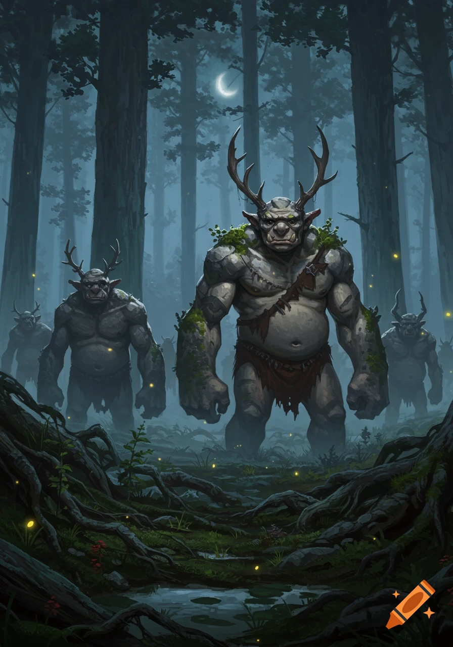 Several large, grey trolls with horns and moss stand in a misty, dark forest at night, illuminated by glowing fireflies and a crescent moon.