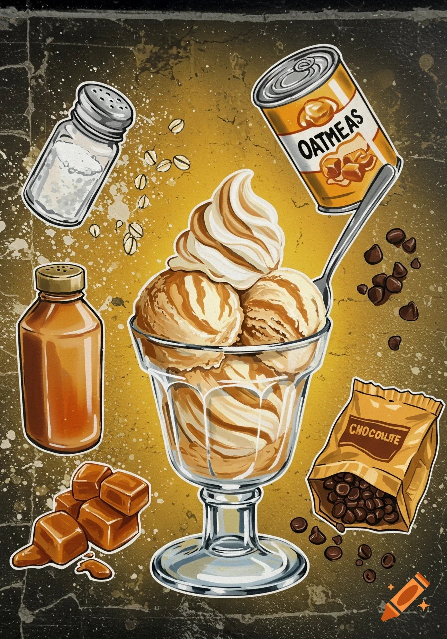A vibrant graffiti-style illustration of an ice cream sundae surrounded by its ingredients: salt shaker, oat can, caramel bottle, and chocolate chips.