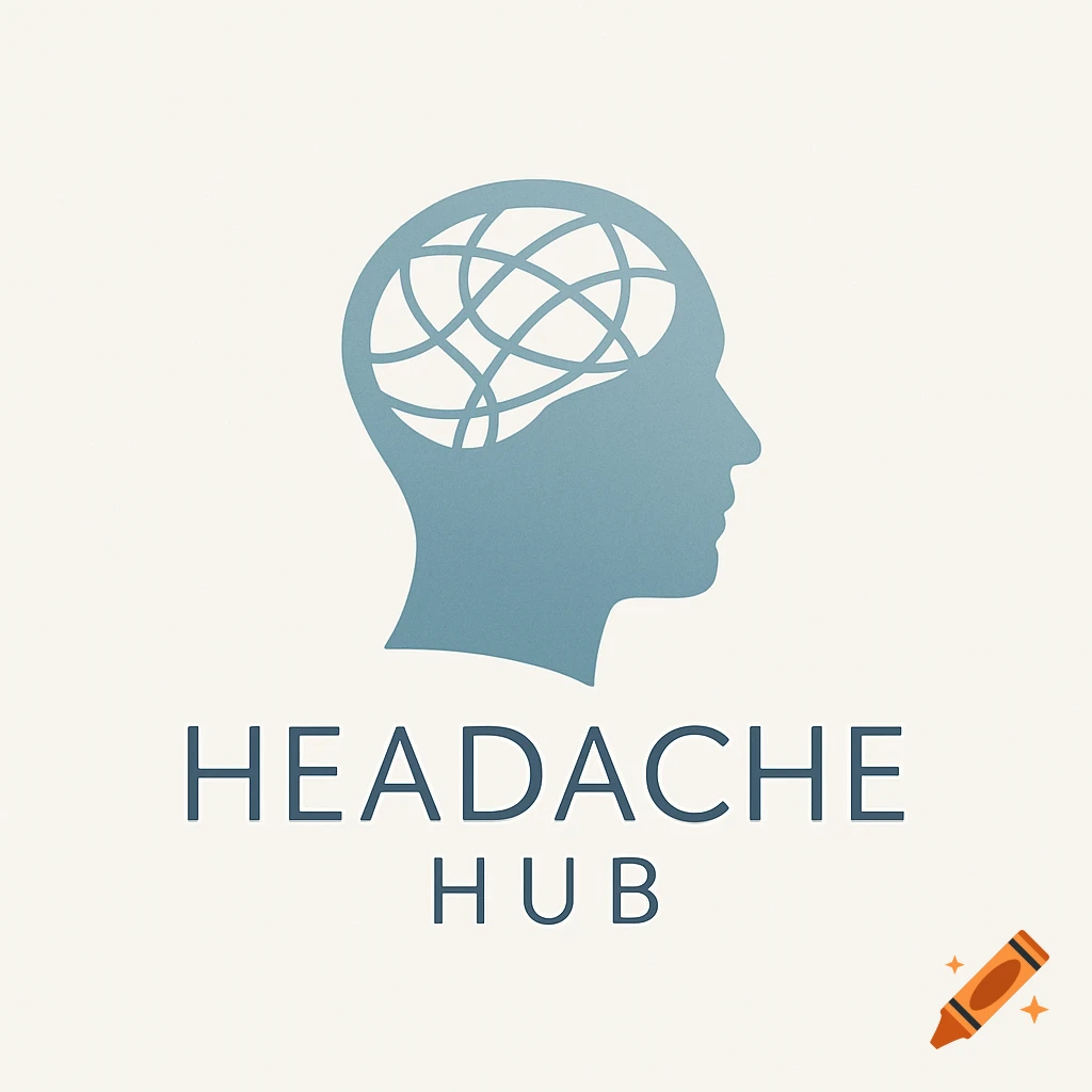 A blue silhouette of a human head with a globe pattern inside, above the text 'HEADACHE HUB' on a light background.