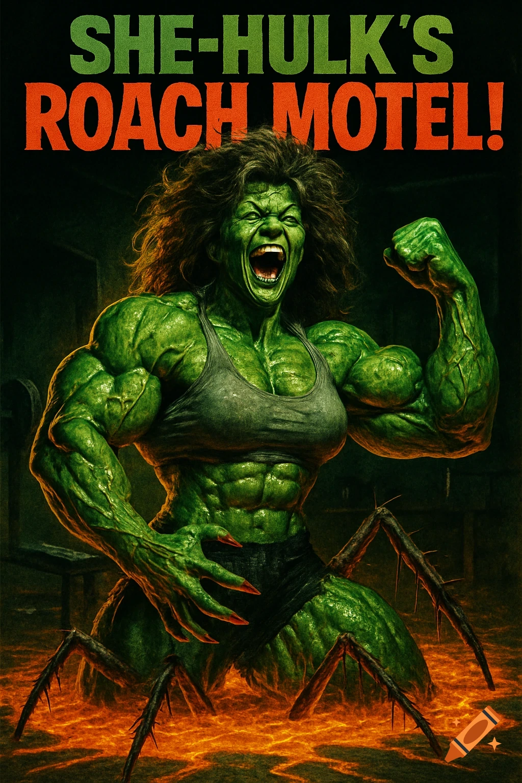 A poster for 'SHE-HULK'S ROACH MOTEL!' featuring a screaming, green-skinned female bodybuilder with huge muscles, mutating into a giant cockroach with legs bursting through her body, standing in an orange, glowing goo.