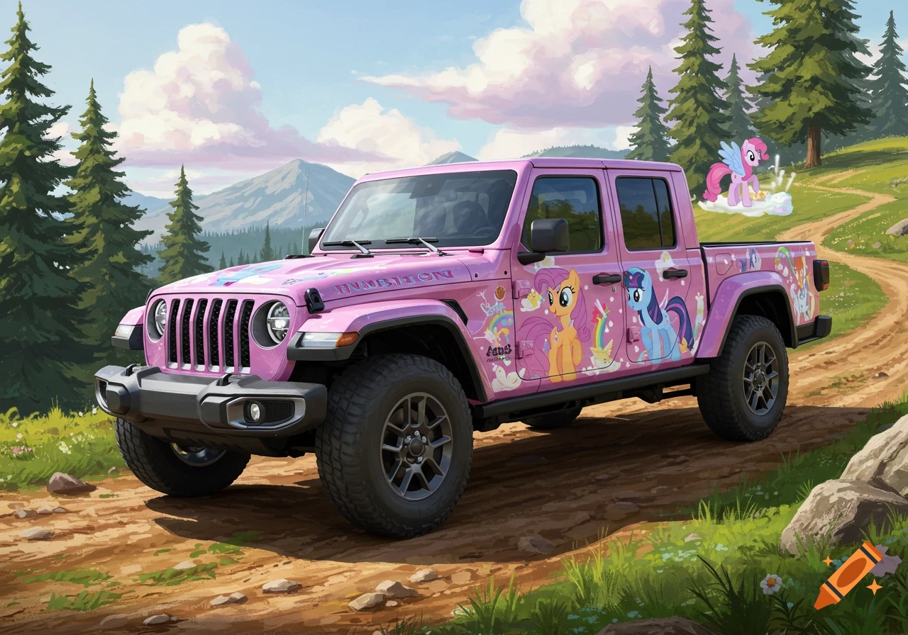 A bright pink Jeep Gladiator covered in My Little Pony decals drives on a dirt road through a sunny, green mountain landscape.