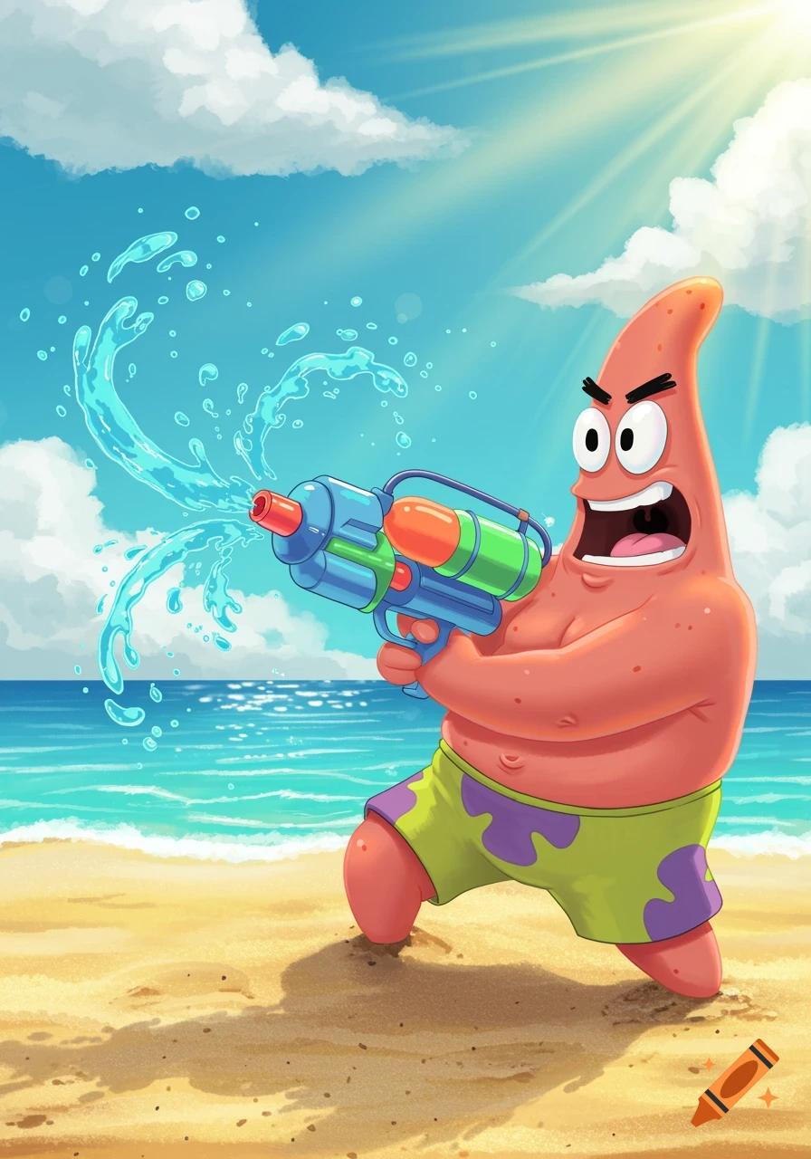 Patrick Star, a cartoon starfish, on a sunny beach, aiming a blue and green water gun, spraying water.