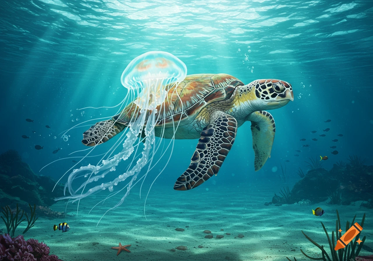 A sea turtle swims underwater with a translucent jellyfish on its back, surrounded by small fish and coral in sunlit ocean water.
