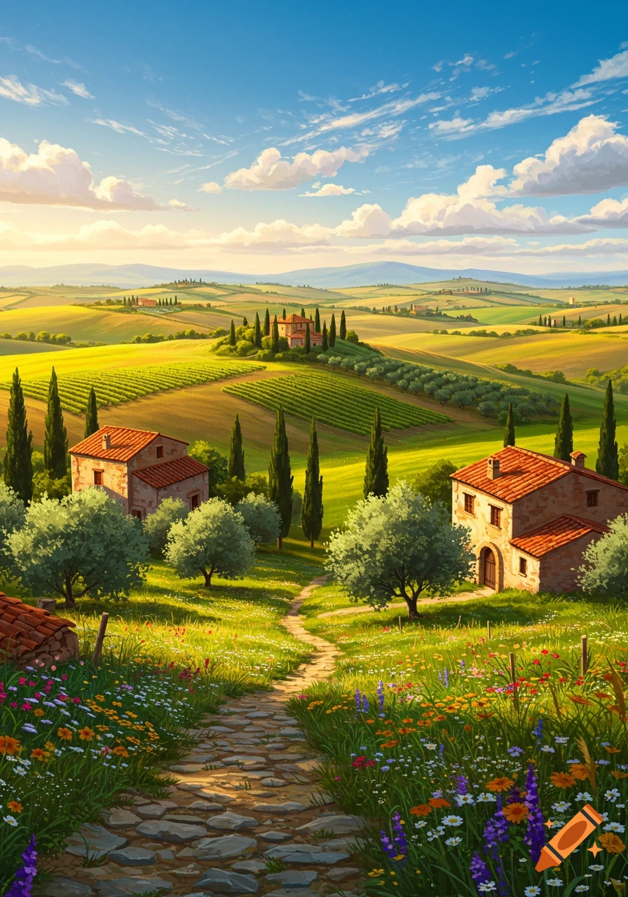 Vibrant, sunny landscape of rolling green and yellow hills, vineyards, stone houses, cypress trees, and a winding path through wildflowers.