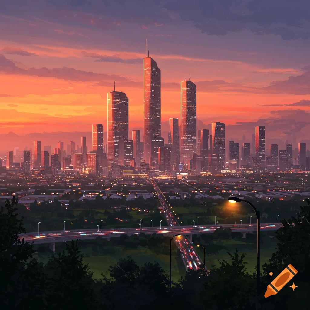 A vibrant, stylized cityscape at sunset with towering skyscrapers and a highway filled with glowing car lights.