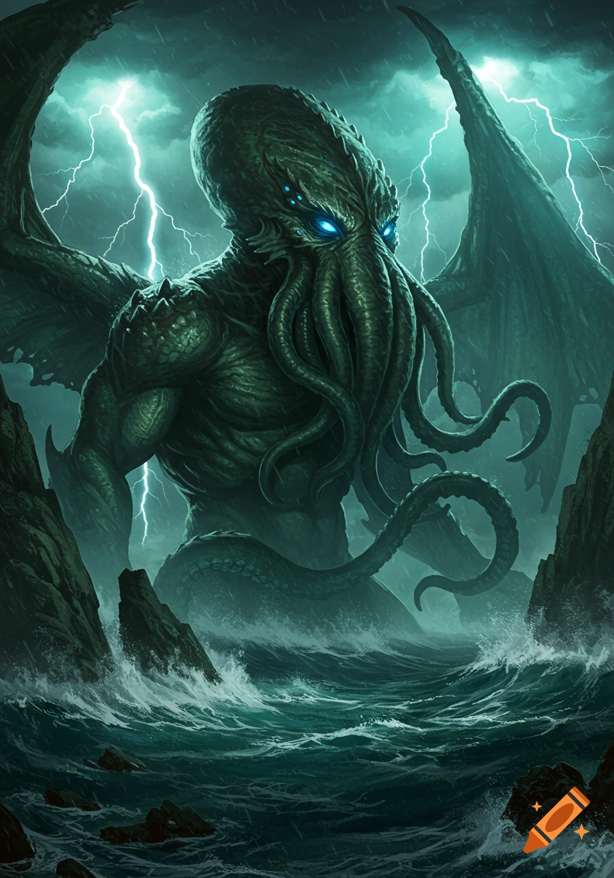 A giant, green, winged, tentacled Cthulhu-like creature with glowing blue eyes emerges from a stormy ocean with lightning.