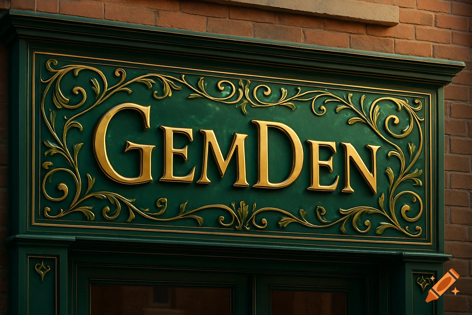 A dark green storefront sign with ornate gold lettering spelling 'GEMDEN' against a brick wall.