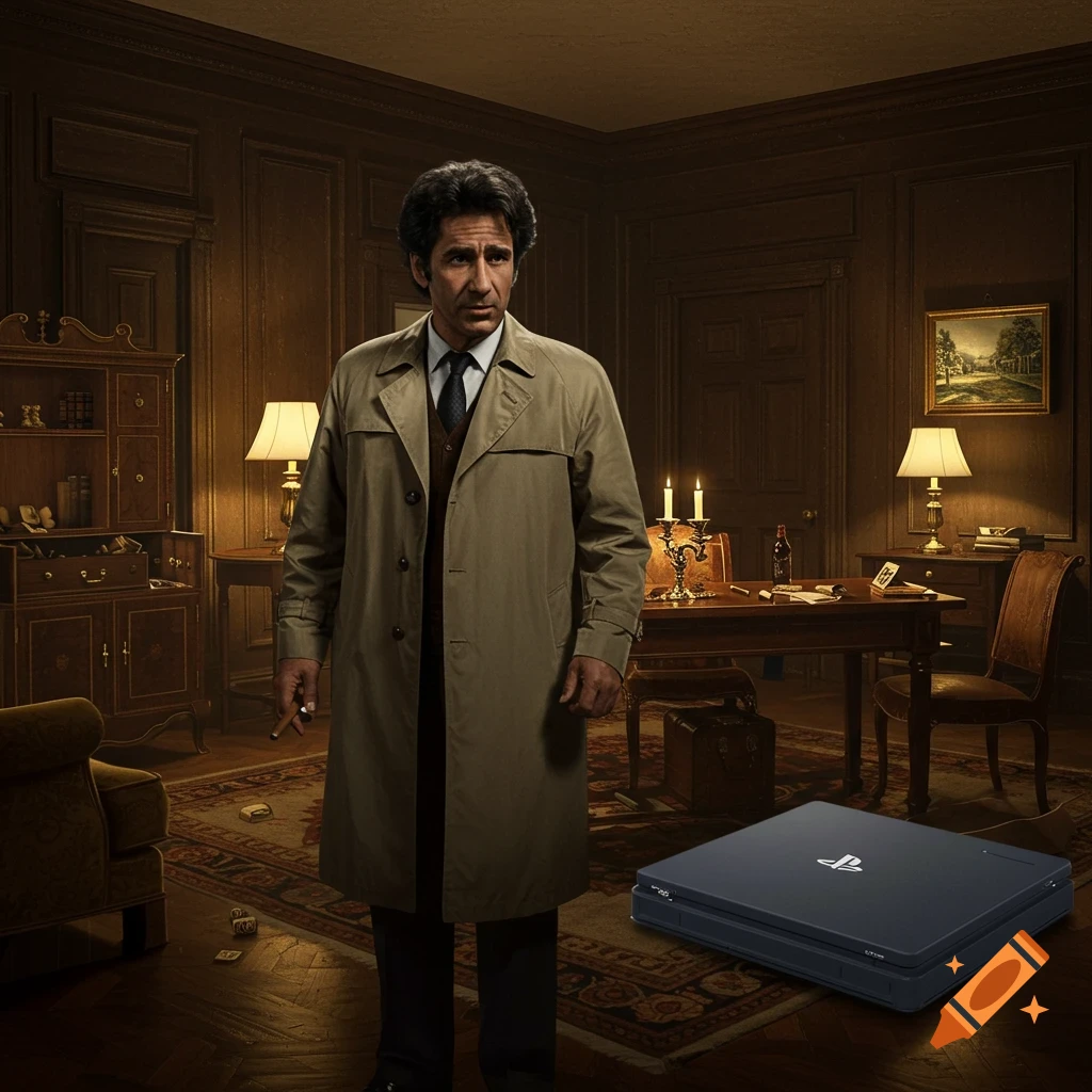 A man in a trench coat stands in a richly furnished study with a PlayStation 4 console on the rug.