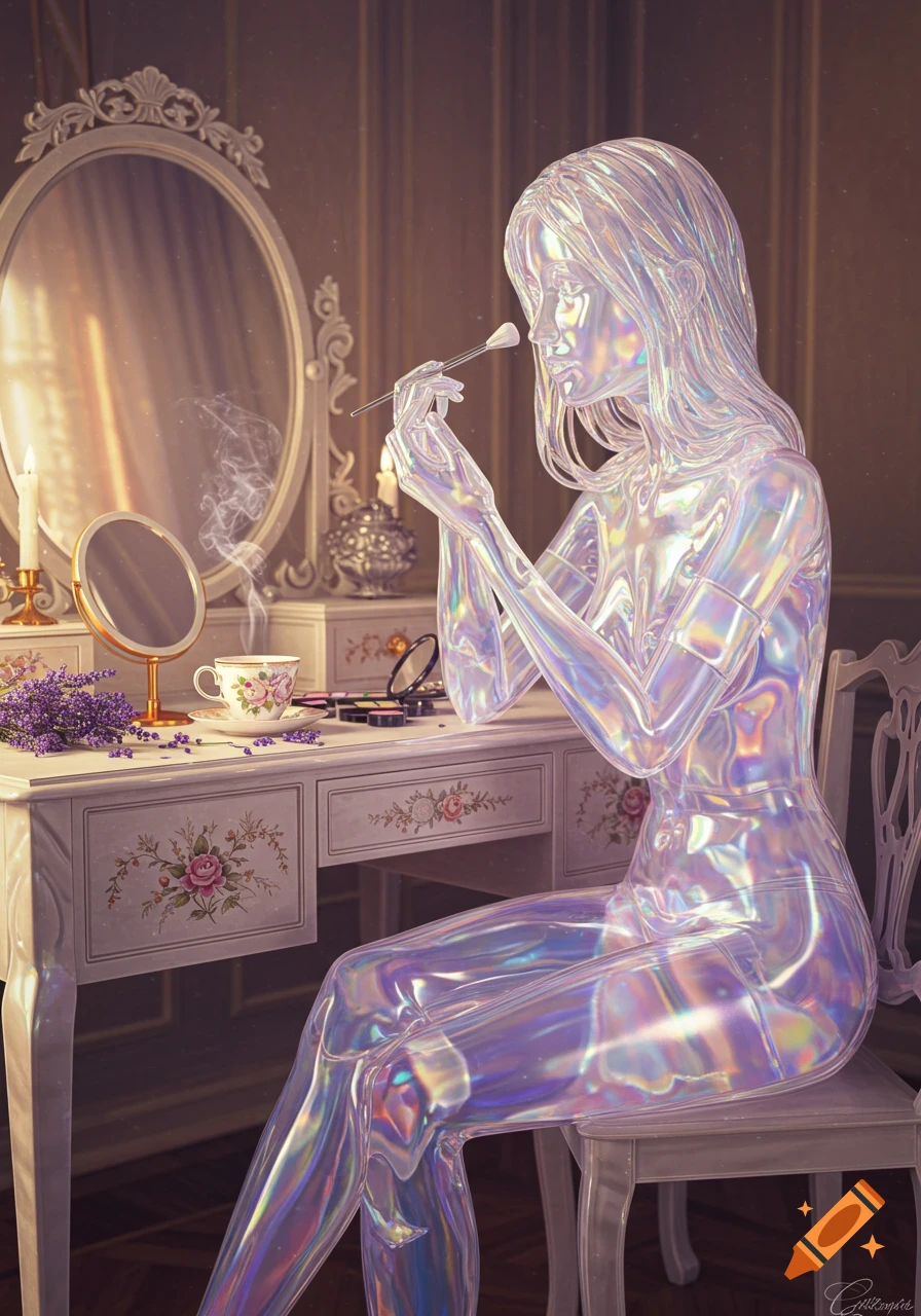 A translucent, iridescent woman made of glass sits at a vanity table, applying makeup in a softly lit room.
