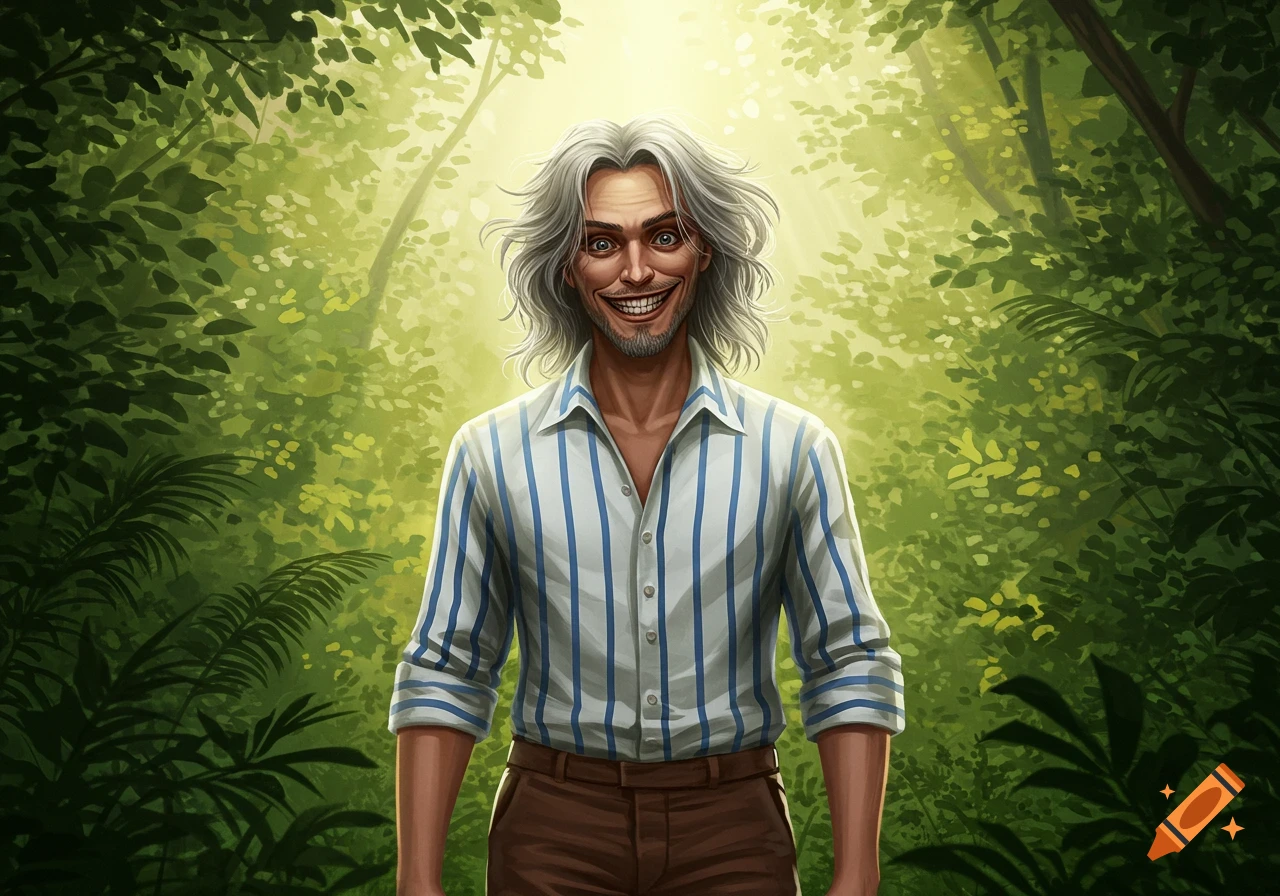 An illustration of a man with long gray hair and a striped shirt, smiling unnervingly in a sunlit forest.