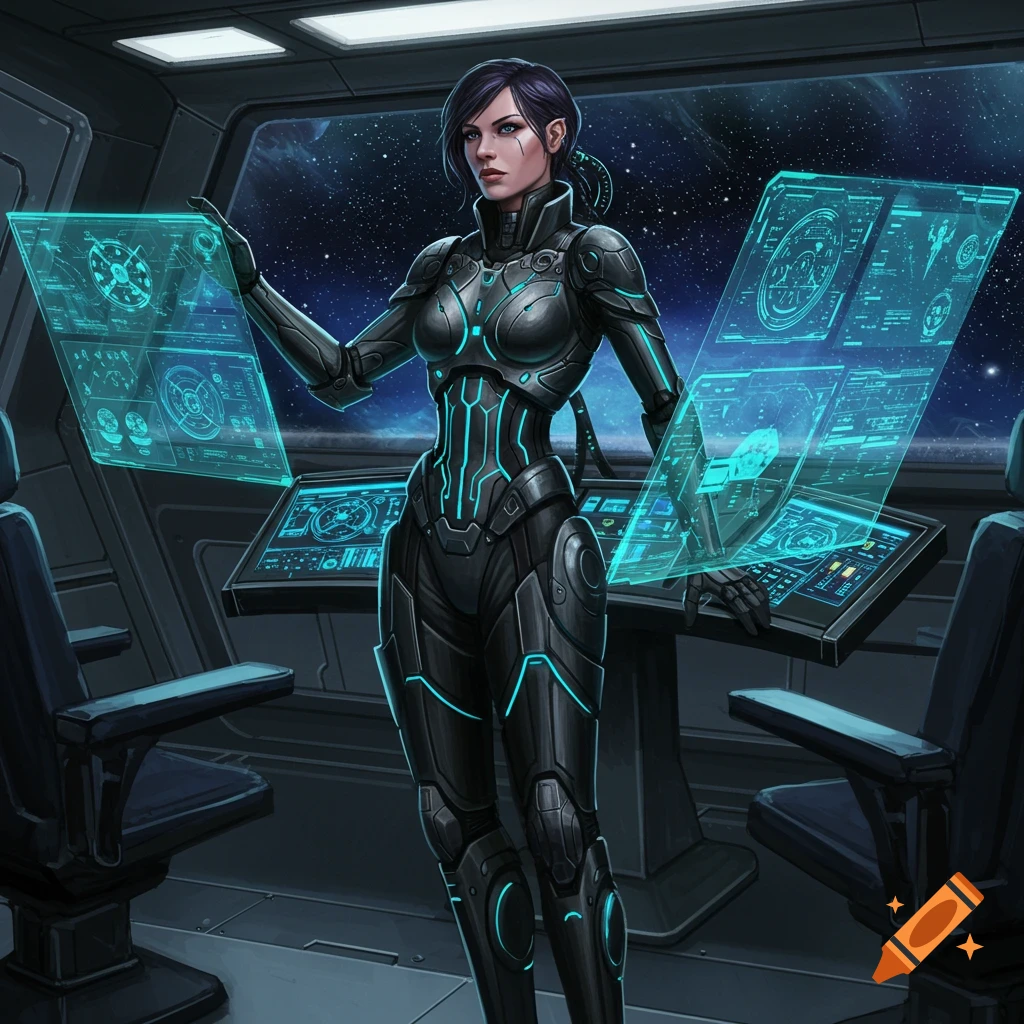 A futuristic female commander in black and blue armor stands in a spaceship bridge, interacting with holographic screens.