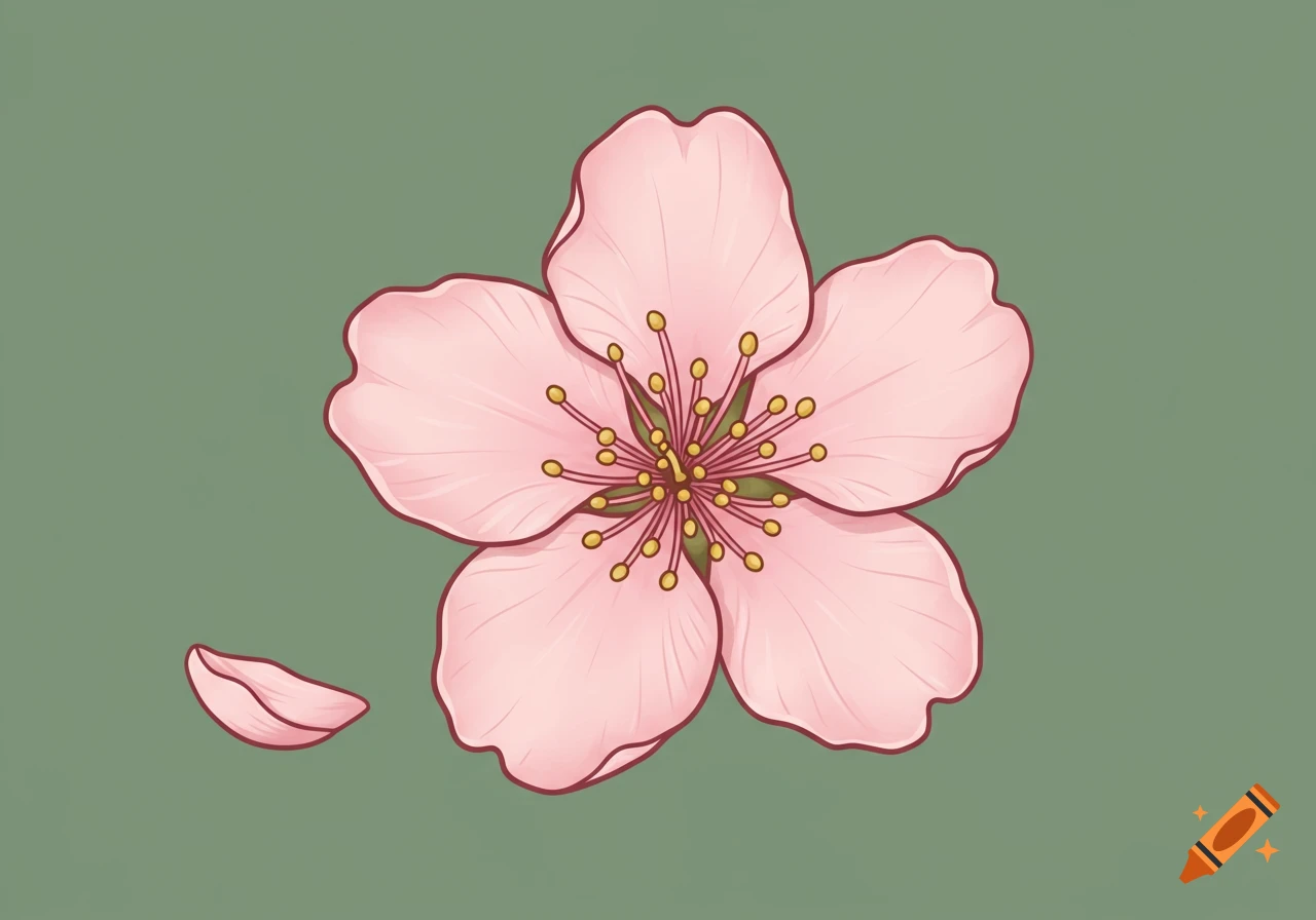 A cartoon illustration of a pink cherry blossom flower with a detached petal on a green background.