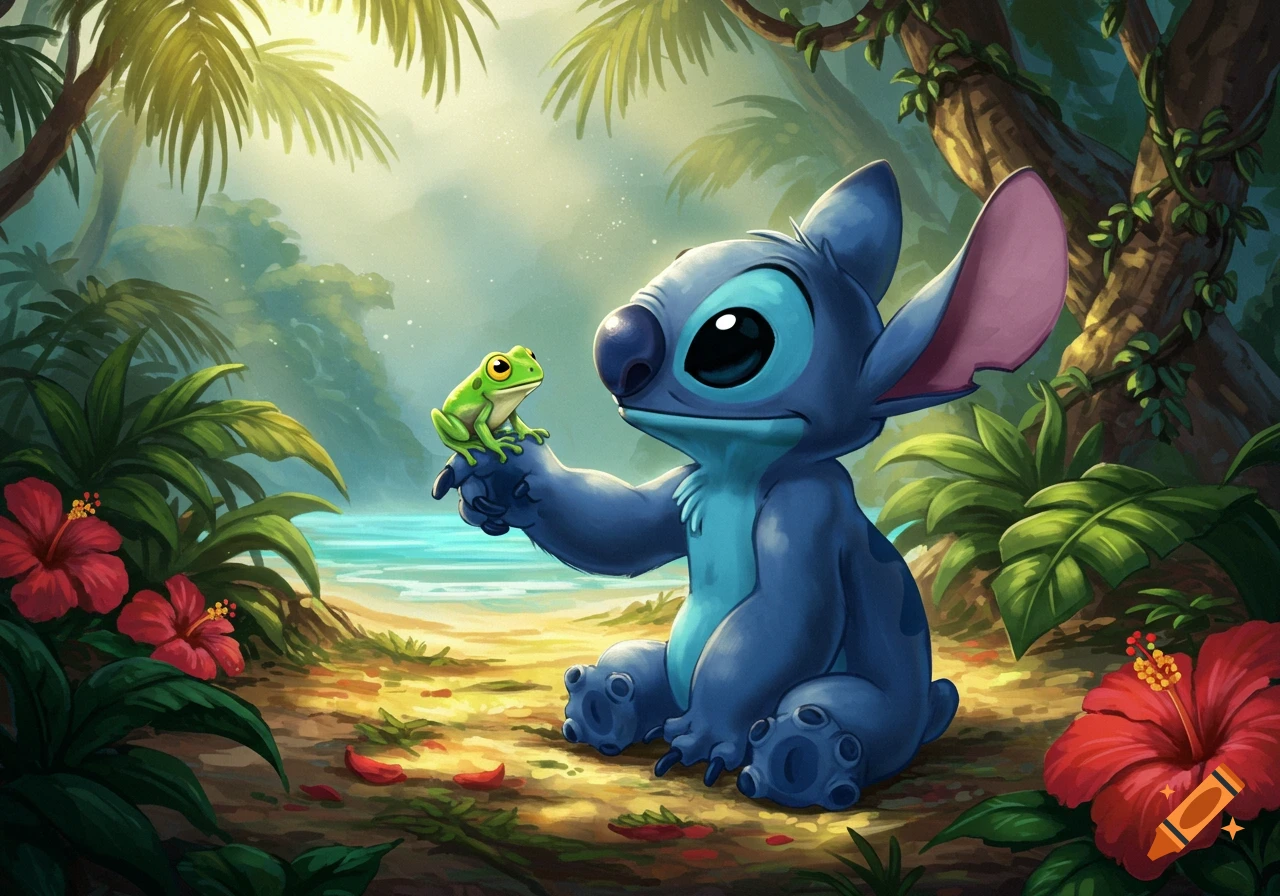 Blue cartoon alien Stitch sits on a beach, gently holding a green frog on his hand in a tropical jungle.