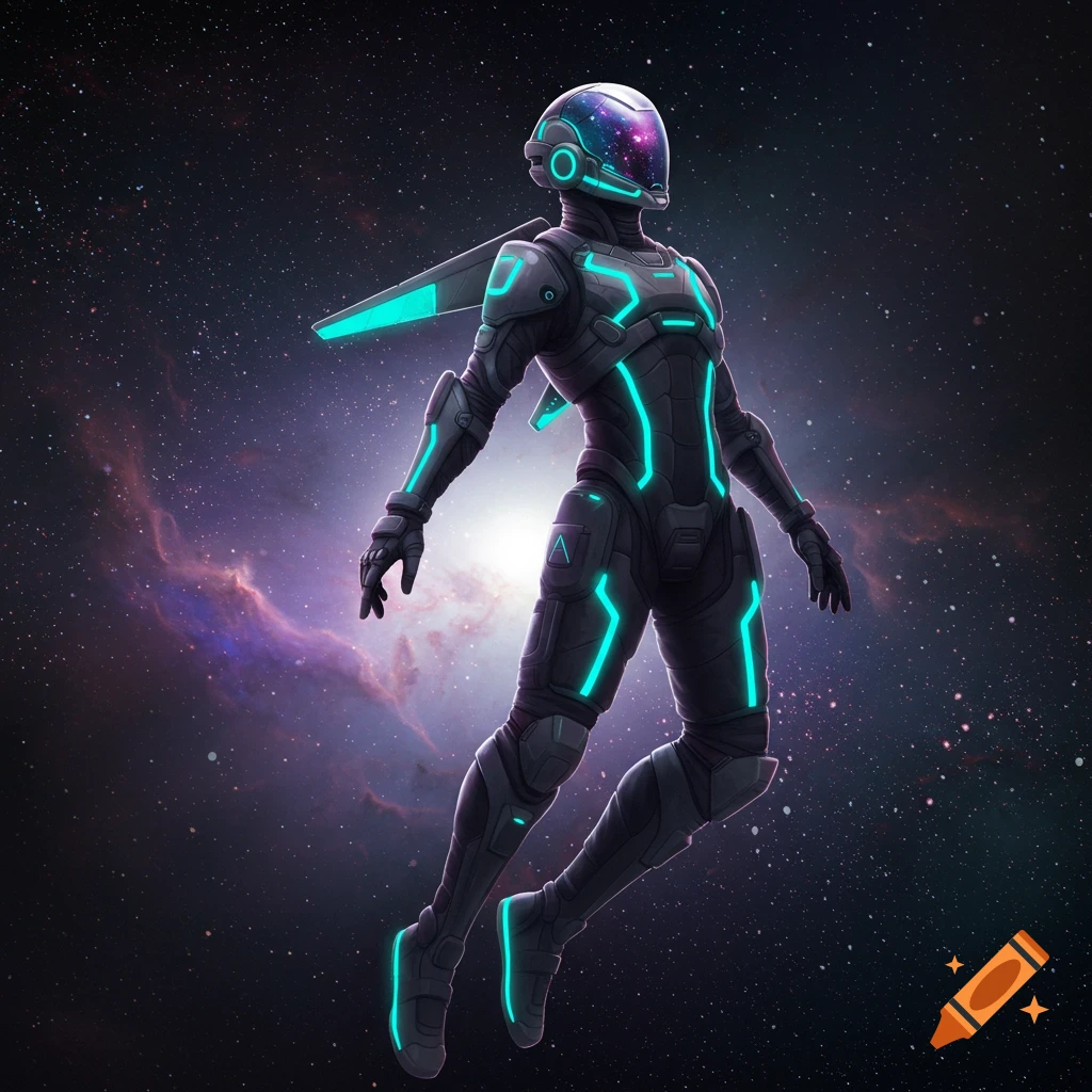 A futuristic character in a black suit with glowing blue lights floats in space amidst stars and nebulae.