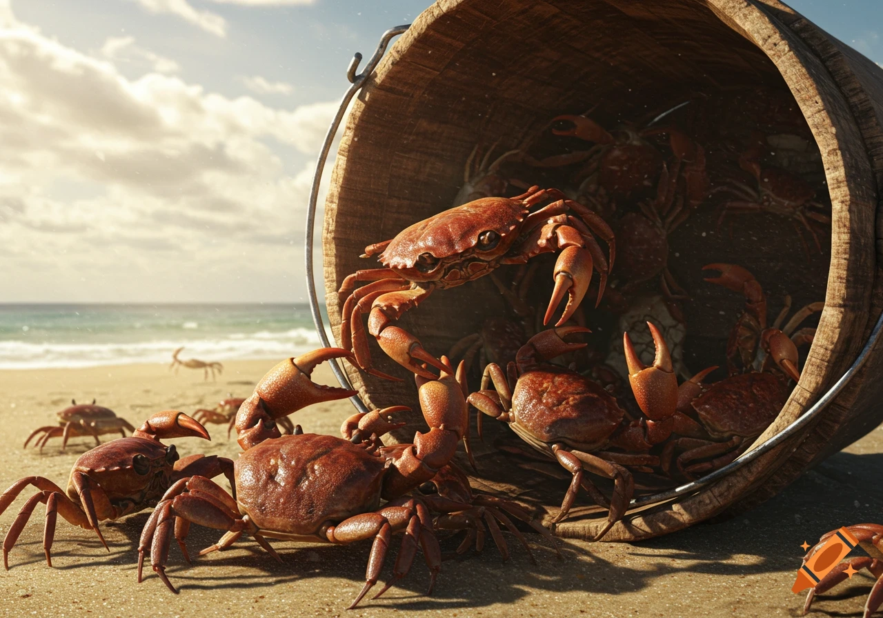 Photorealistic scene of red crabs escaping an overturned wooden bucket on a sandy beach, with the ocean in the background.