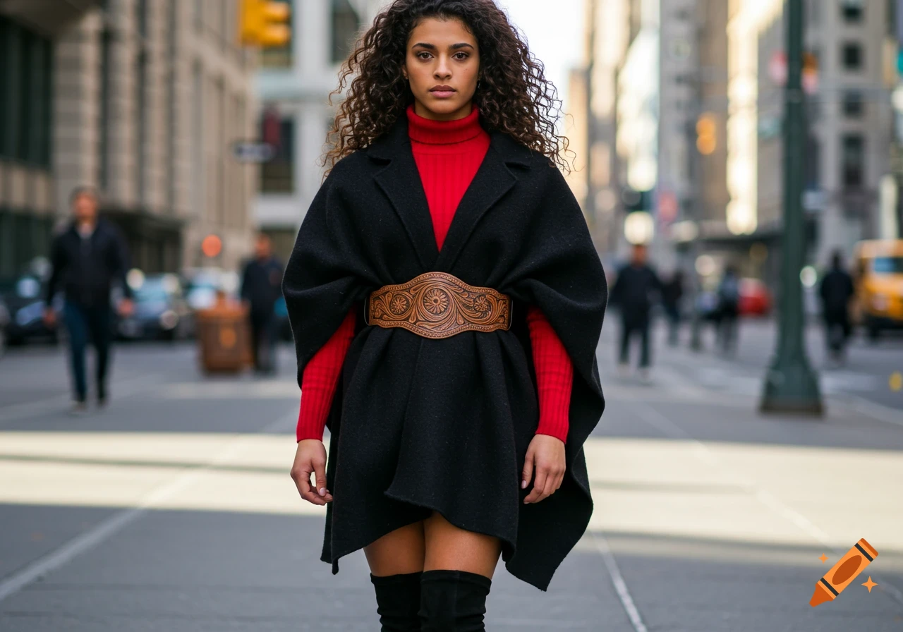 A woman with curly hair in a black poncho, red turtleneck, and tall boots on a city street.