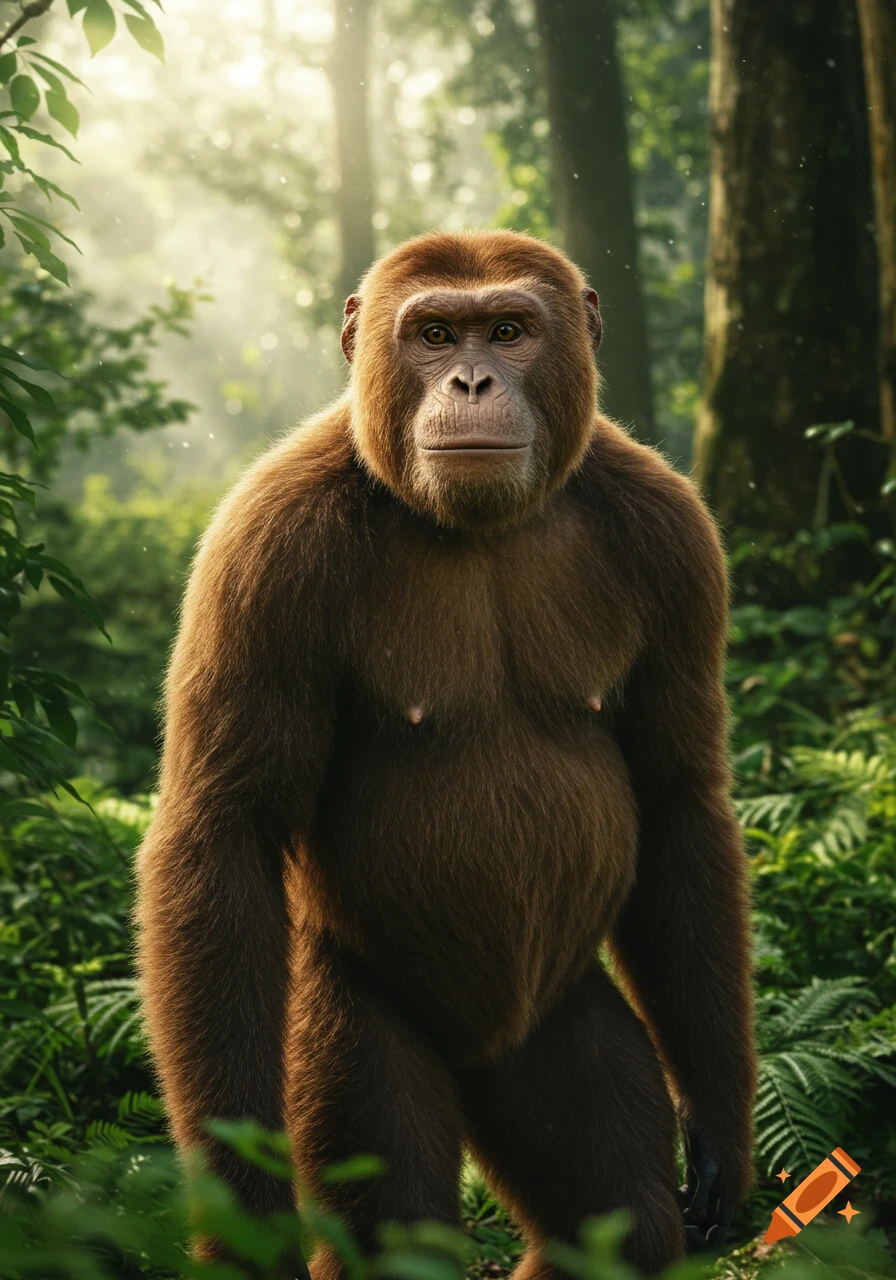 Photorealistic ape-like creature standing in a lush jungle with sunbeams filtering through the trees.