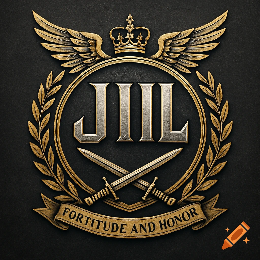A gold and silver military-style logo with the acronym JIIL, featuring a crown, wings, crossed swords, and a banner reading FORTITUDE AND HONOR.