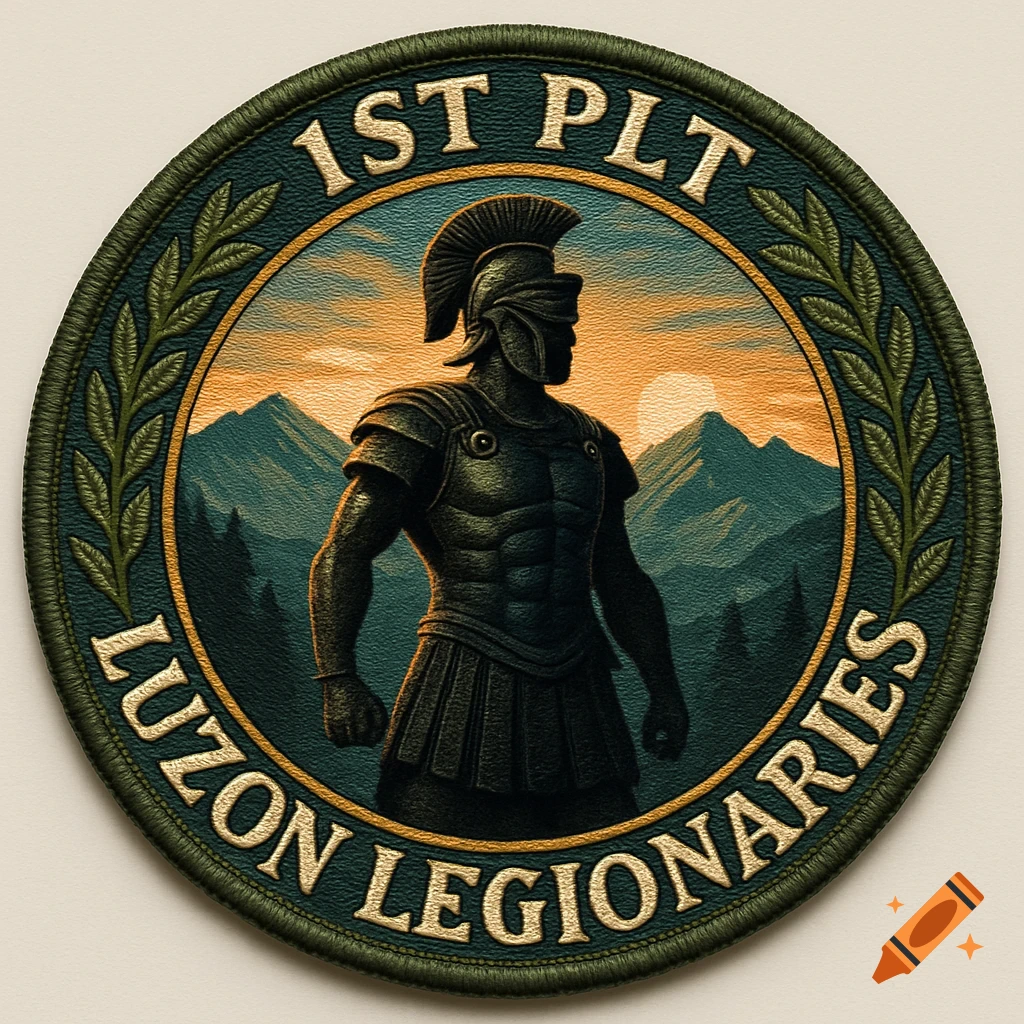 An embroidered military patch featuring a Roman legionary figure, framed by laurels, with '1ST PLT' and 'LUZON LEGIONARIES' text.