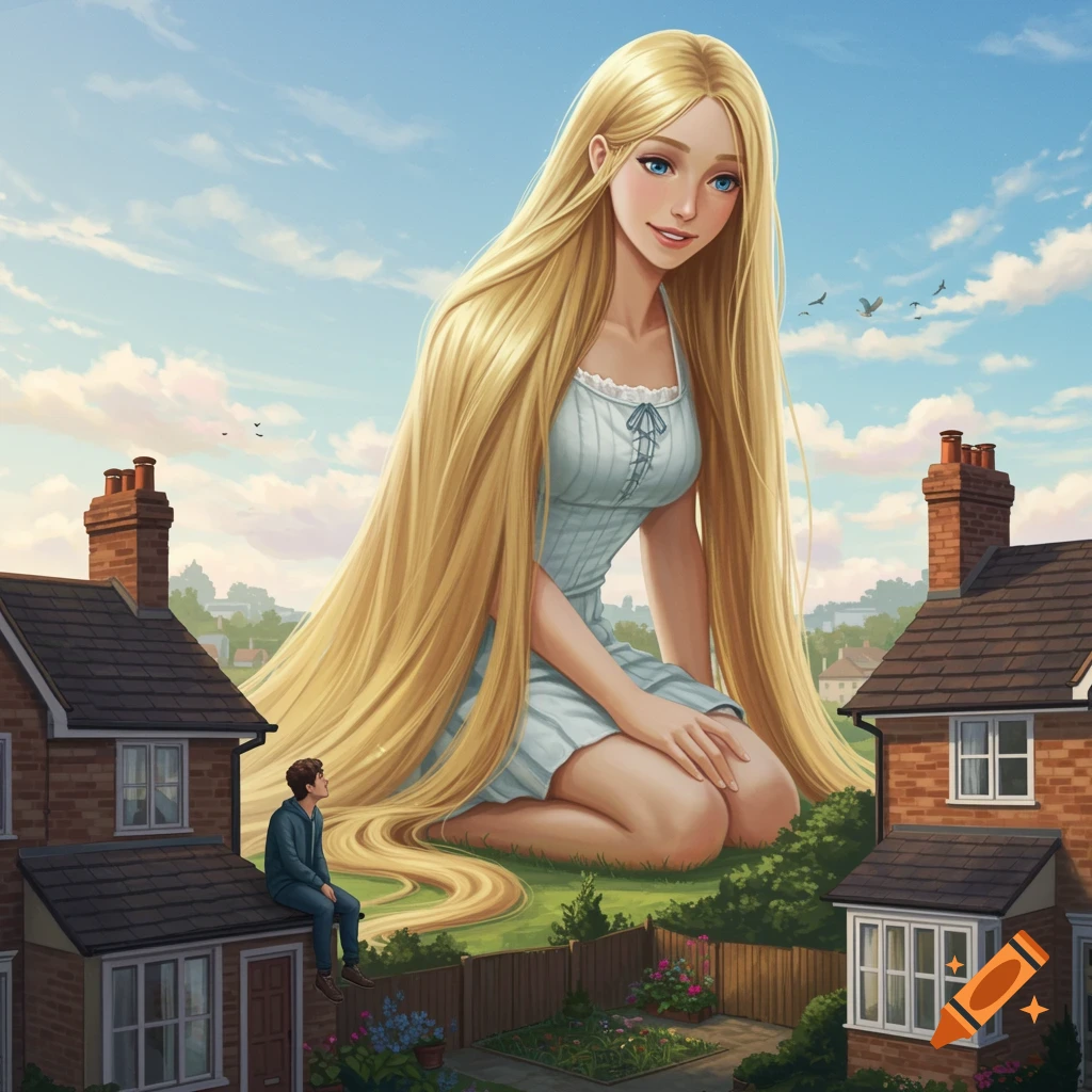 A giantess with long blonde hair kneels in a suburban neighborhood while a man sits on a roof looking up at her.
