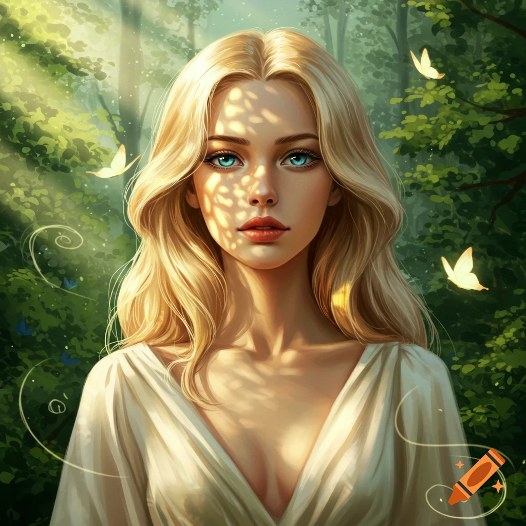 A beautiful woman with long blonde hair and bright blue eyes gazes forward in a sun-dappled forest, with butterflies fluttering around her.