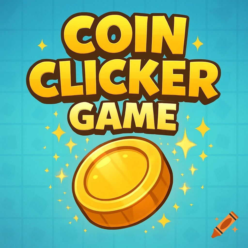 Stylized golden text 'Coin Clicker Game' with a shiny coin on a blue background with sparkles, in a game logo style.