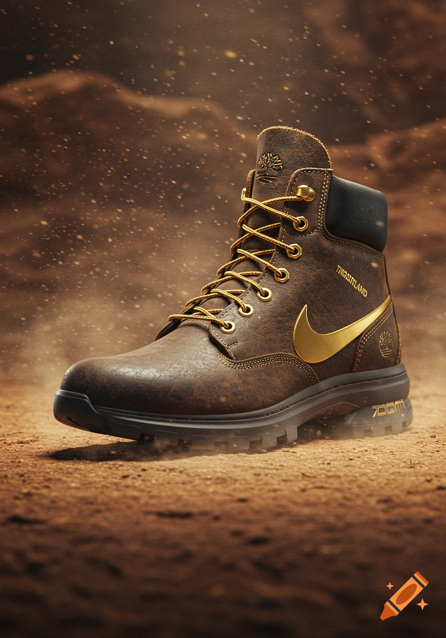 A brown leather boot with gold laces, eyelets, and a prominent gold Nike swoosh stands on dusty ground. It features a black sole and a Timberland tree logo.