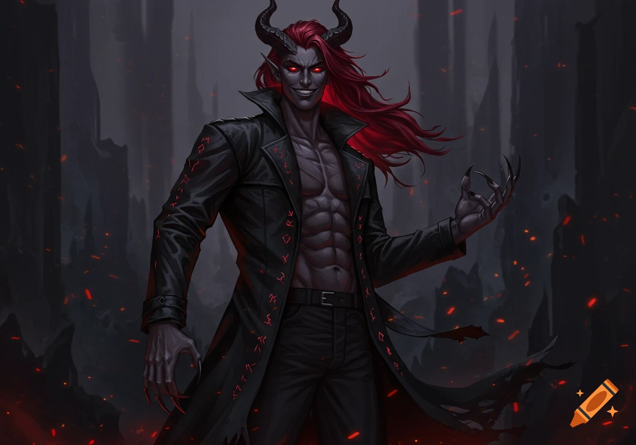 A dark fantasy character with red eyes and horns, long red hair, and a black trench coat covered in red glowing runes, smiling menacingly in a fiery, dark setting.