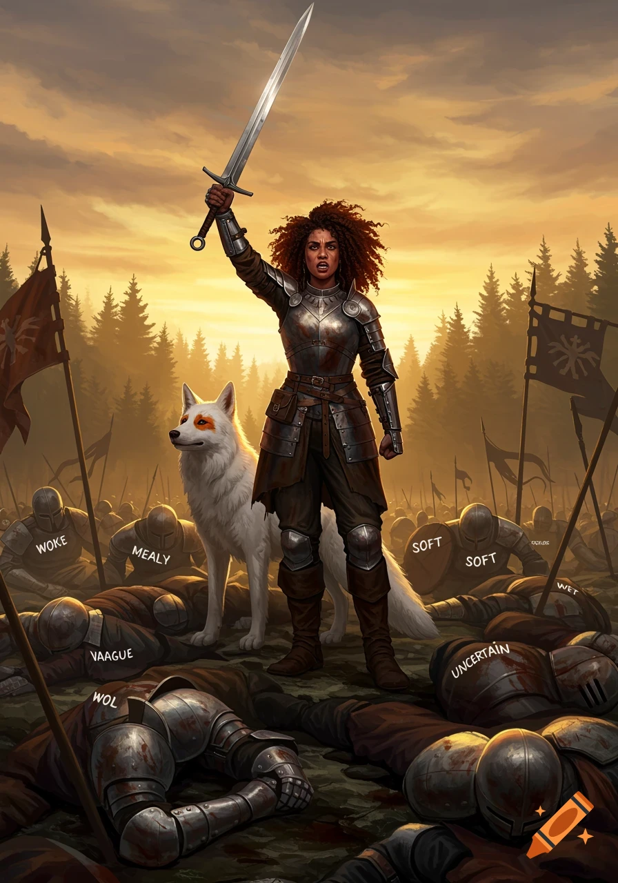 A female warrior in armor stands with a raised sword on a battlefield, a white wolf at her side, over vanquished foes.